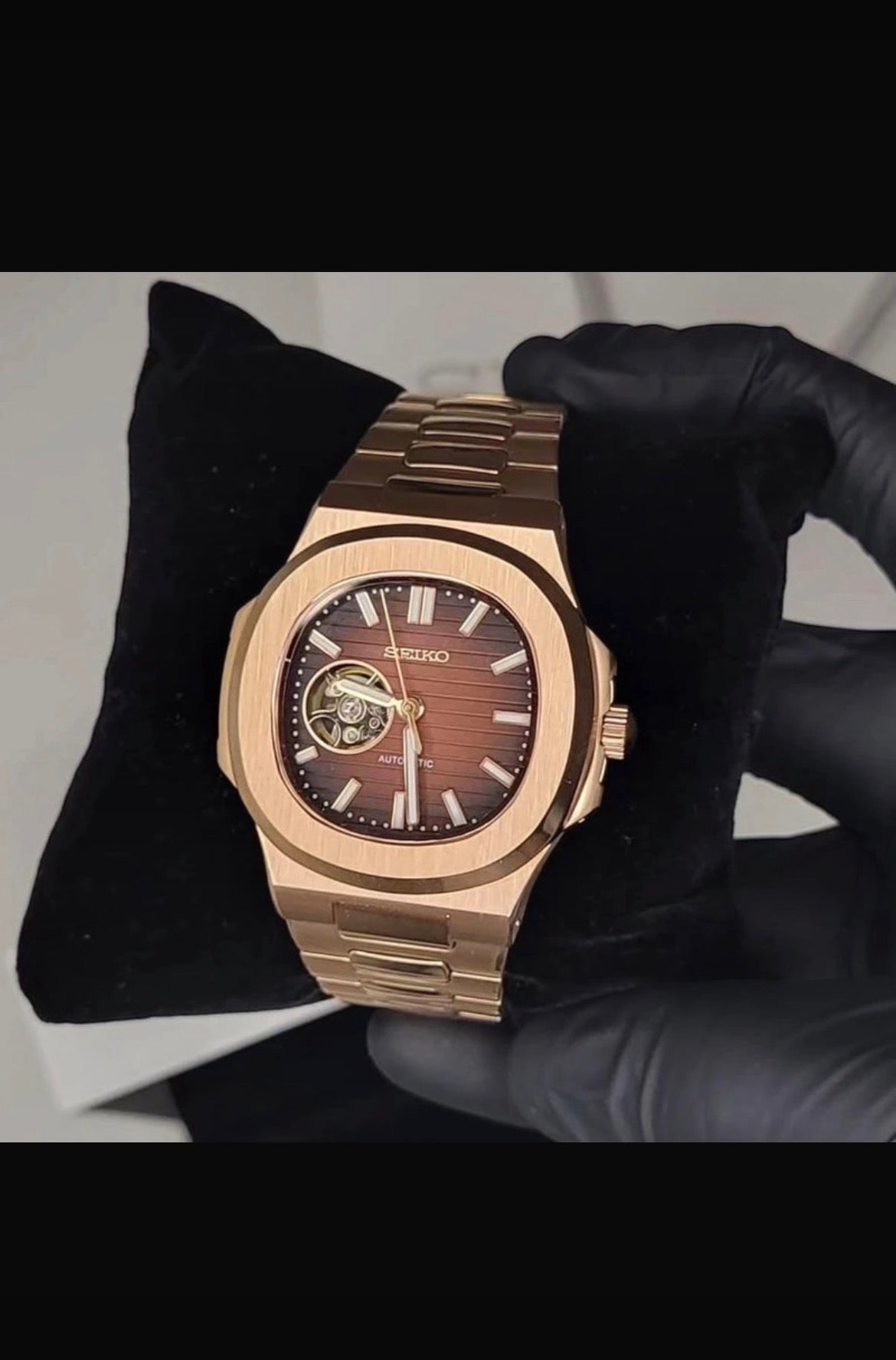 Seiko Mod Nautilus Rose Gold Chocolate Open Heart