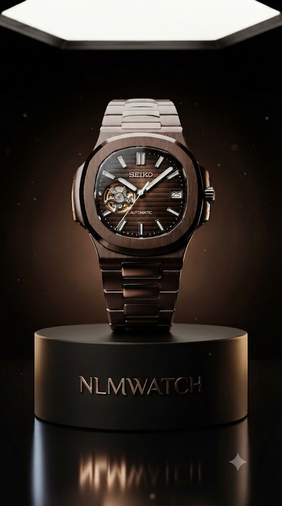 Seiko Mod Nautilus Rose Gold Chocolate Open Heart