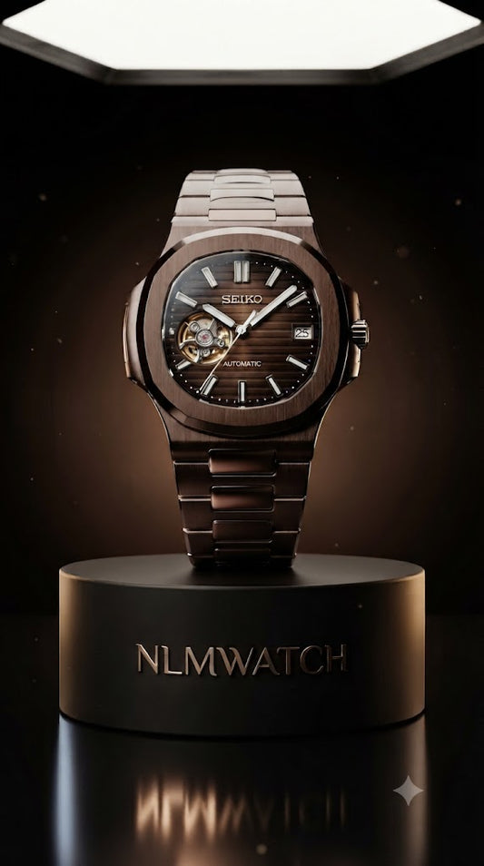 Seiko Mod Nautilus Rose Gold Chocolate Open Heart